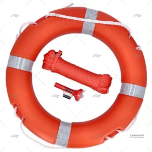 Kit complet de bouée fer à cheval composé de: d’une bouée, d’une césine, et d’un feu à retournement auto. KIT BOUÉE COURONNE D.62Cm SANS HOUSSE